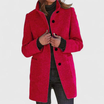 Women's button-front stand collar wool coat with patch pockets – Red