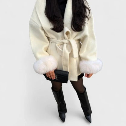 Women's wool wrap shawl collar jacket with faux fur cuffs – White