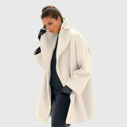 Women's button-front shawl collar wool coat with oversized draped – White