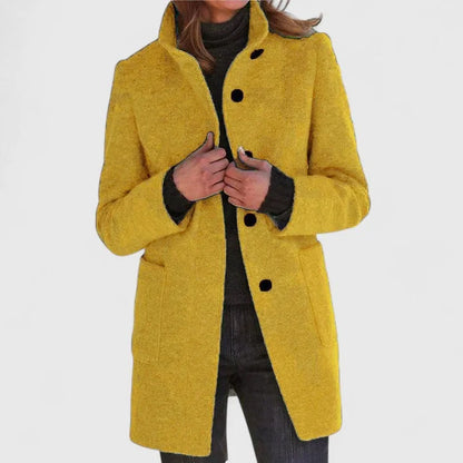 Women's button-front stand collar wool coat with patch pockets – Yellow