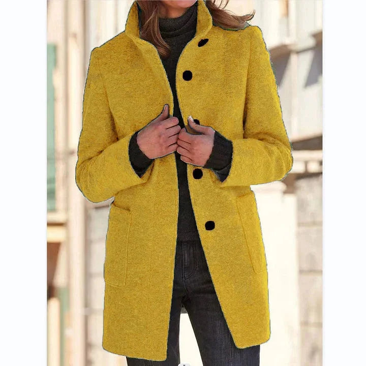 Women's button-front stand collar wool coat with patch pockets – Yellow