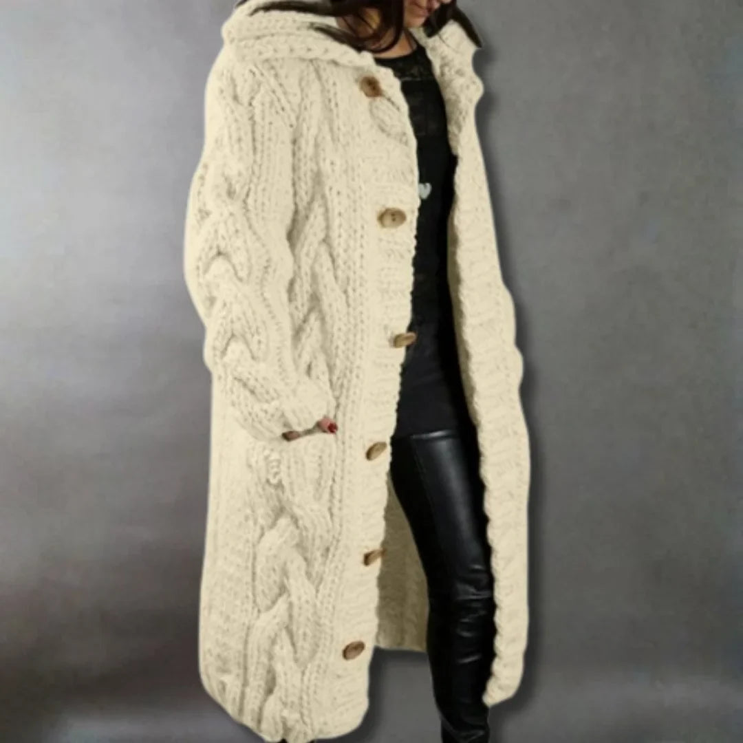 Women's cable-knit hooded cardigan coat with tummy coverage – Beige