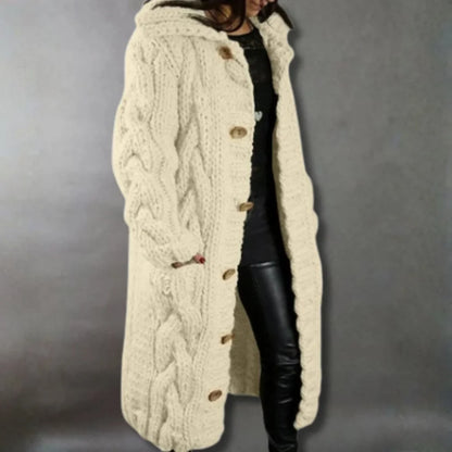 Women's cable-knit hooded cardigan coat with tummy coverage – Beige