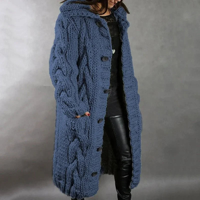 Women's cable-knit hooded cardigan coat with tummy coverage – Blue