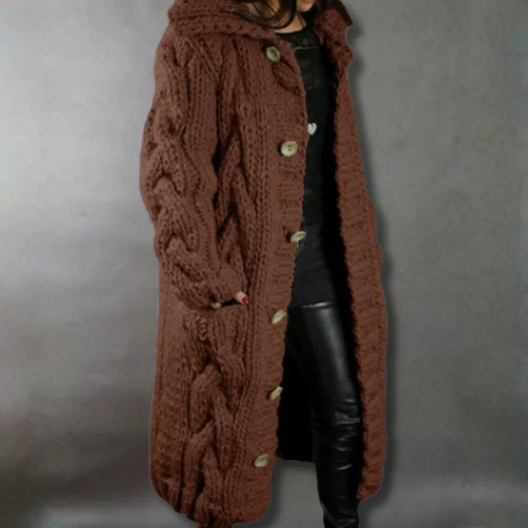 Women's cable-knit hooded cardigan coat with tummy coverage – Brown