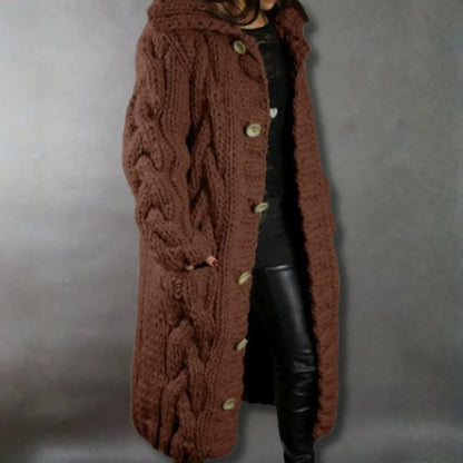 Women's cable-knit hooded cardigan coat with tummy coverage – Brown