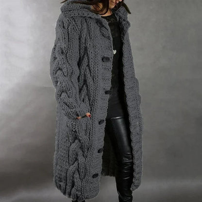 Women's cable-knit hooded cardigan coat with tummy coverage – Dark Gray