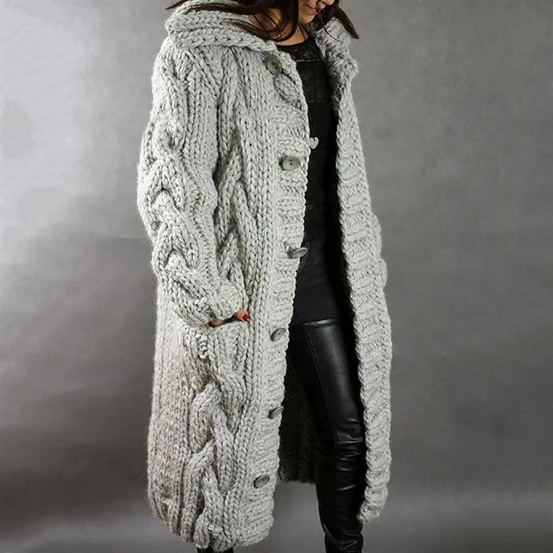 Women's cable-knit hooded cardigan coat with tummy coverage – Grey