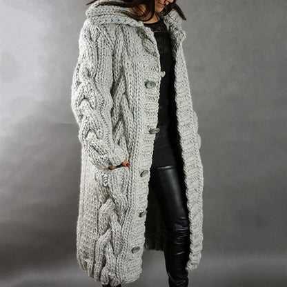 Women's cable-knit hooded cardigan coat with tummy coverage – Grey