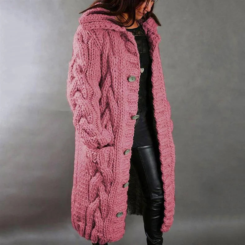 Women's cable-knit hooded cardigan coat with tummy coverage – Pink