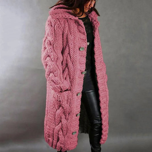 Women's cable-knit hooded cardigan coat with tummy coverage – Pink