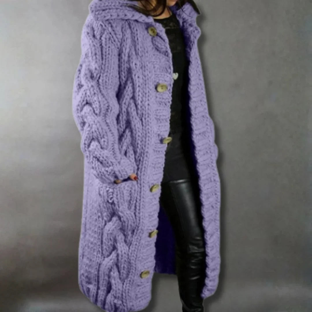Women's cable-knit hooded cardigan coat with tummy coverage – Purple