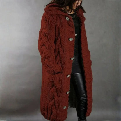 Women's cable-knit hooded cardigan coat with tummy coverage – Red