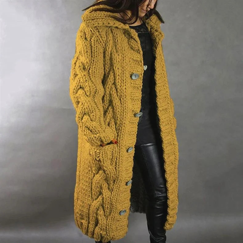 Women's cable-knit hooded cardigan coat with tummy coverage – Yellow