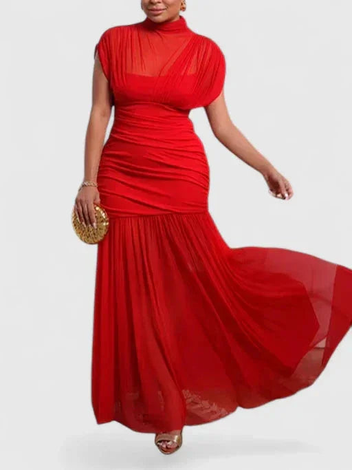 Women's stand collar maxi dress with sheer mesh