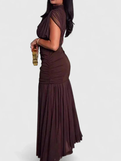 Women's stand collar maxi dress with sheer mesh