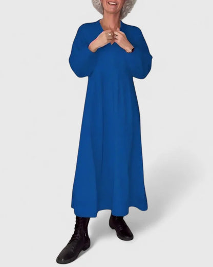 Women's knit V-neck maxi dress with side pockets – Blue