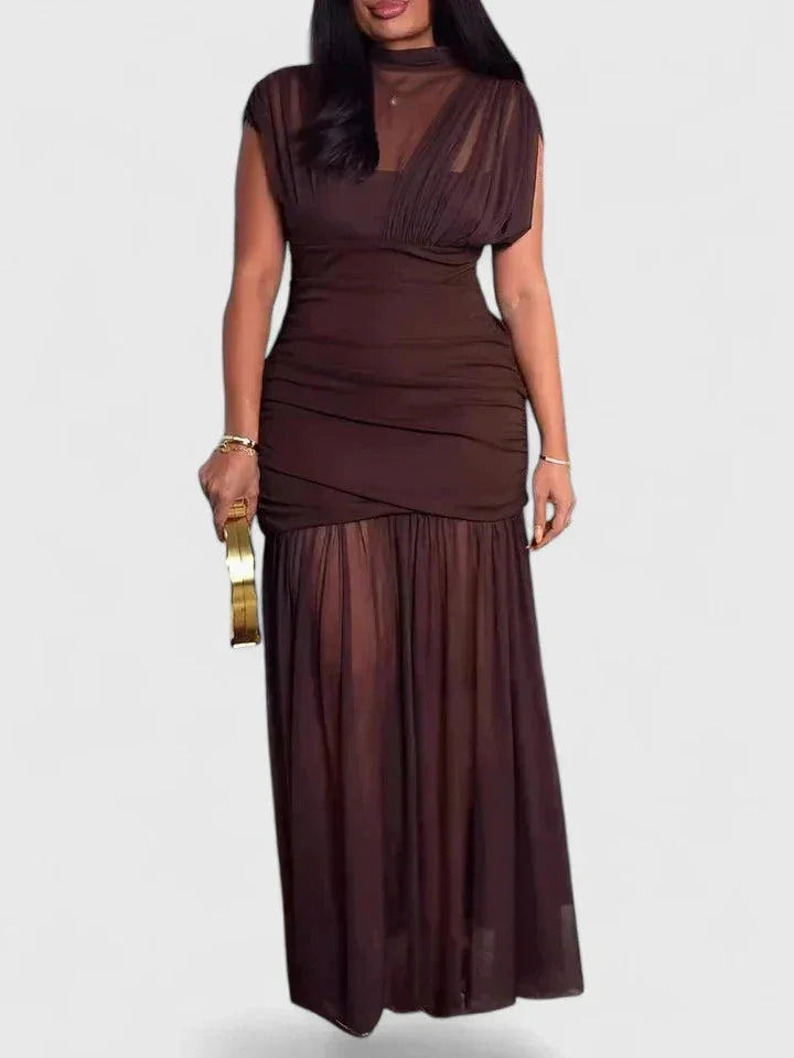 Women's stand collar maxi dress with sheer mesh – Brown