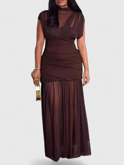 Women's stand collar maxi dress with sheer mesh – Brown