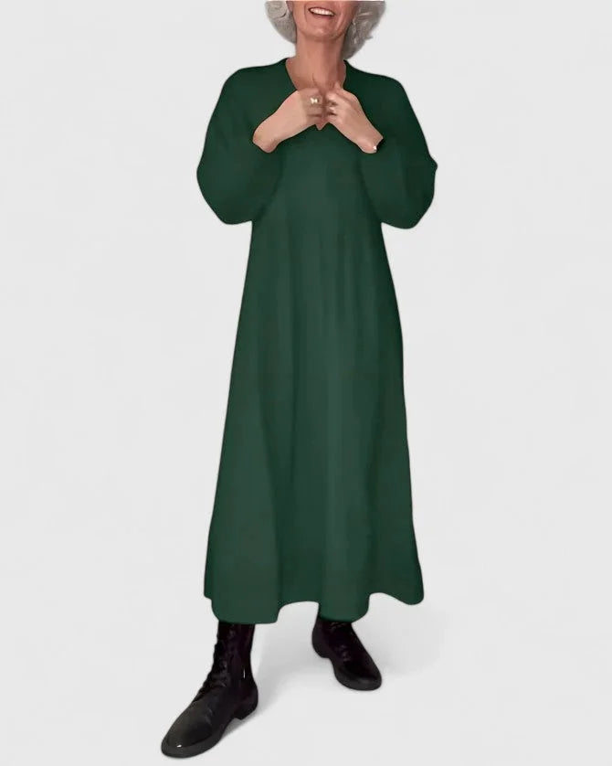 Women's knit V-neck maxi dress with side pockets – Green