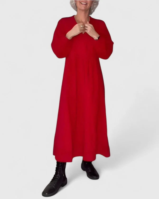 Women's knit V-neck maxi dress with side pockets – Red