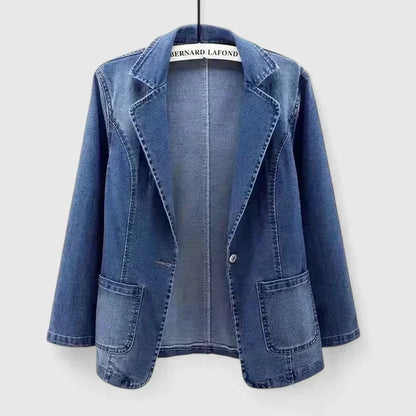 Women's denim button-front notch lapel blazer with patch pockets – Denim Blue
