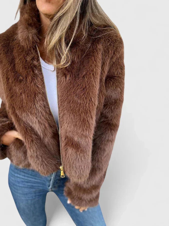 Women's faux fur zip-up stand collar jacket with long-pile texture