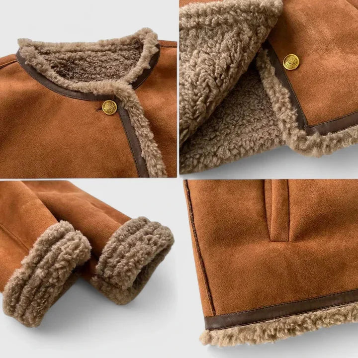 Women's suede button-front jacket with faux shearling trim – Brown