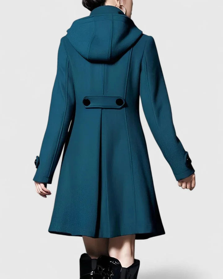 Women's double-breasted hood wool coat with pleated skirt