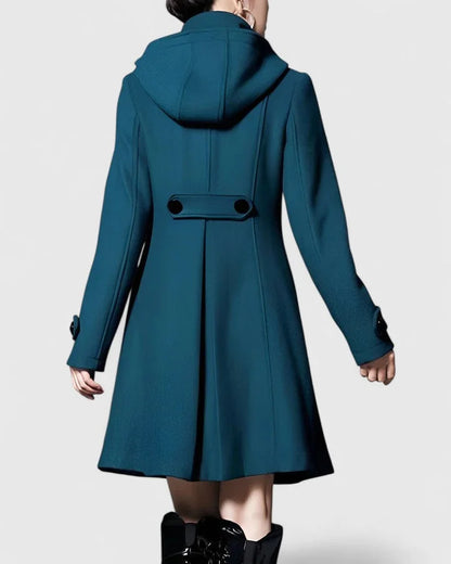 Women's double-breasted hood wool coat with pleated skirt