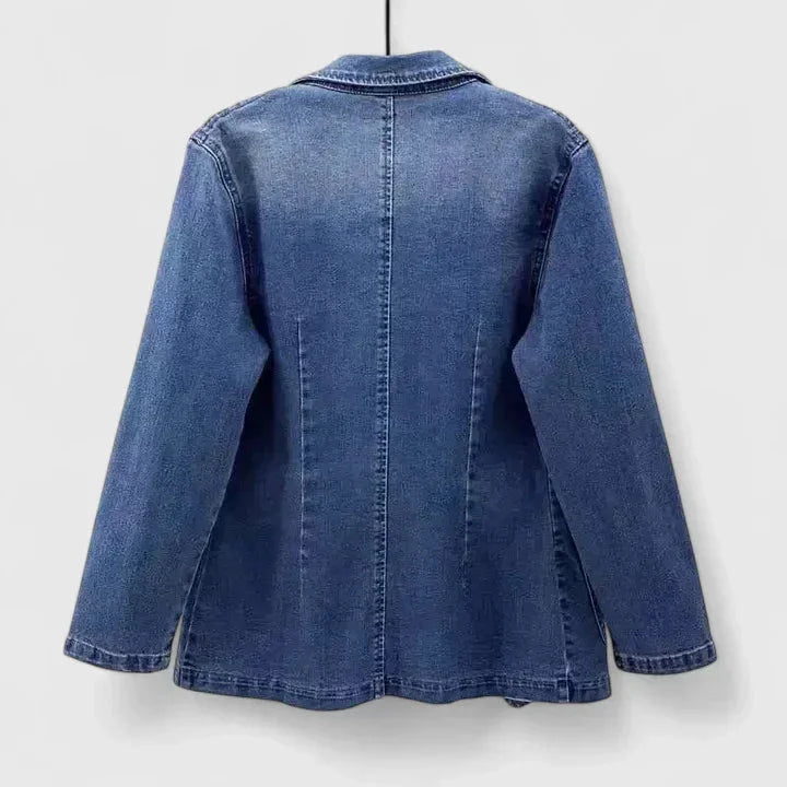 Women's denim button-front notch lapel blazer with patch pockets – Denim Blue