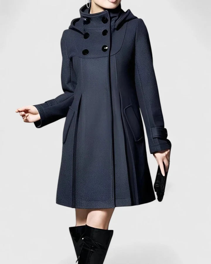 Women's double-breasted hood wool coat with pleated skirt