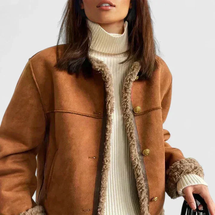 Women's suede button-front jacket with faux shearling trim – Brown