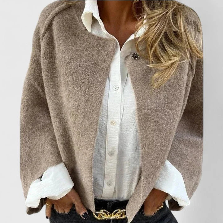 Women's wool button-front stand collar jacket with wide cuffs