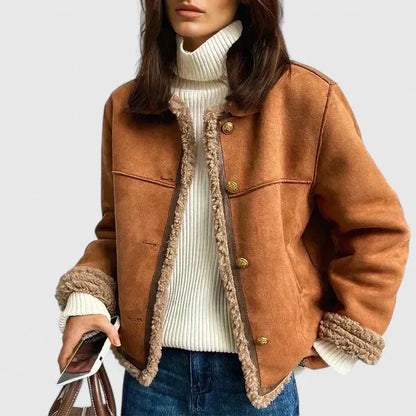 Women's suede button-front jacket with faux shearling trim – Brown