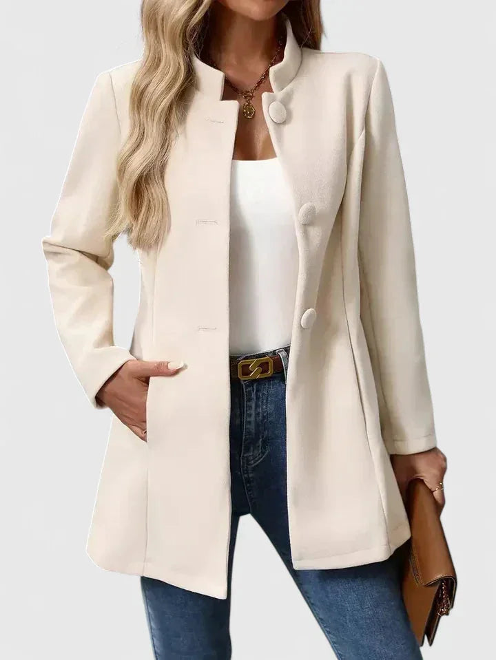 Women's button-front stand collar wool coat with side seam pockets