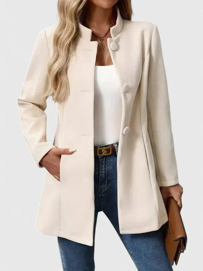 Women's button-front stand collar wool coat with side seam pockets