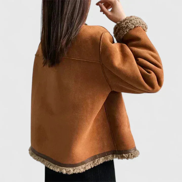 Women's suede button-front jacket with faux shearling trim – Brown