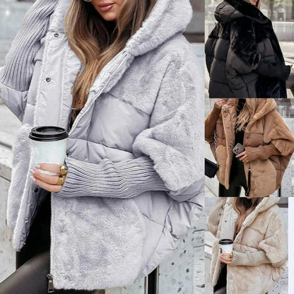 Women's quilted zip-up hood puffer jacket with faux fur panels