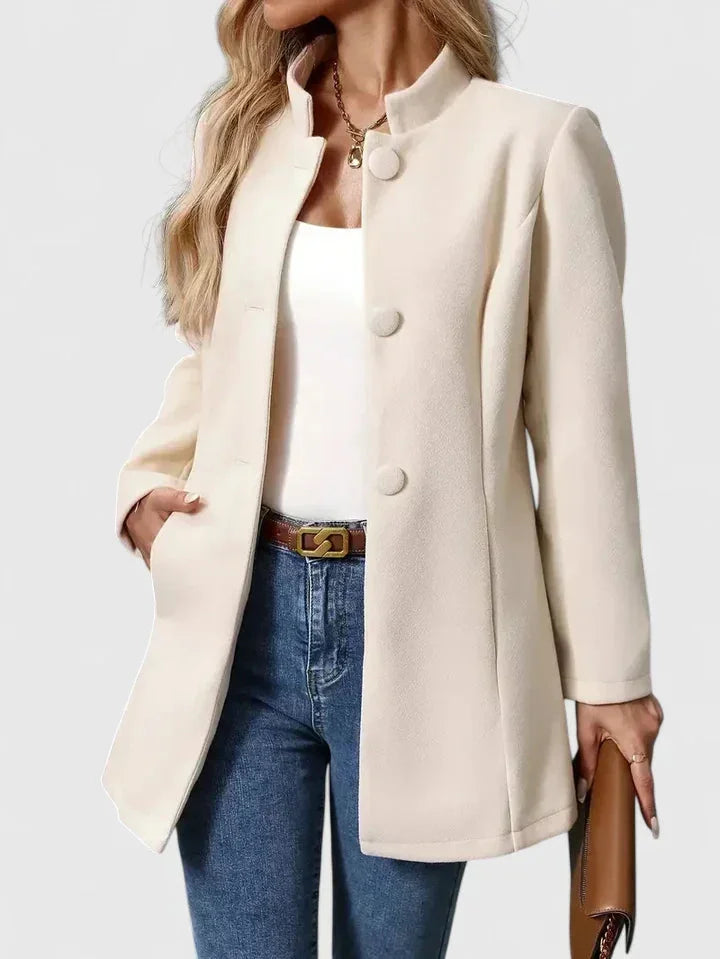 Women's button-front stand collar wool coat with side seam pockets