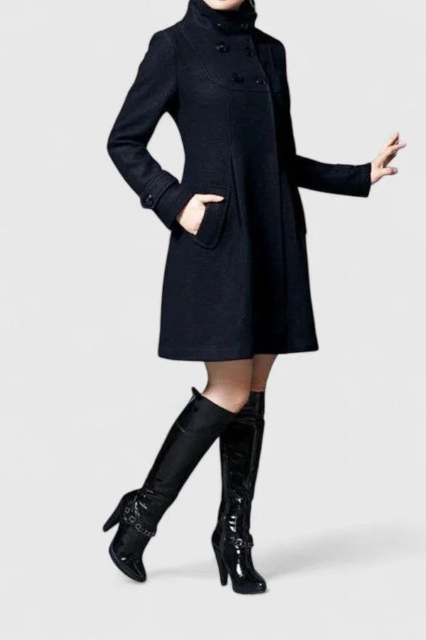 Women's double-breasted hood wool coat with pleated skirt