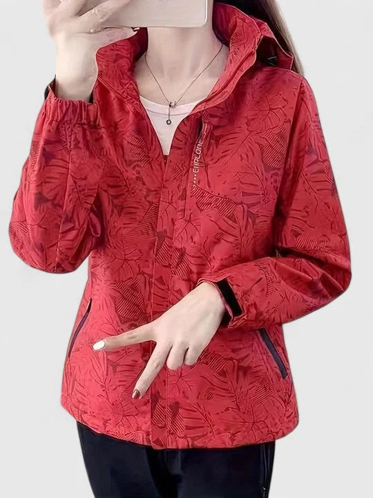 Women's zip-up hood jacket with leaf pattern