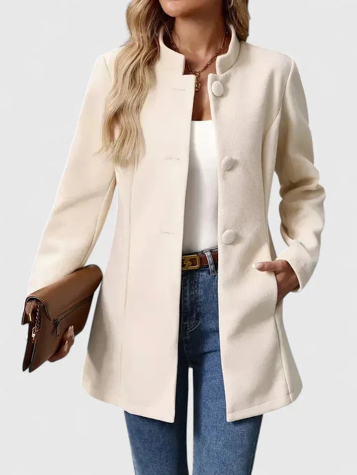Women's button-front stand collar wool coat with side seam pockets