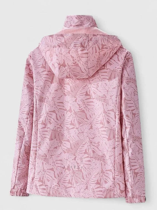 Women's zip-up hood jacket with leaf pattern
