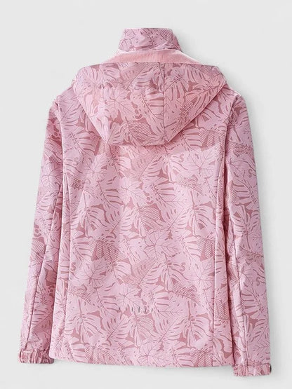 Women's zip-up hood jacket with leaf pattern