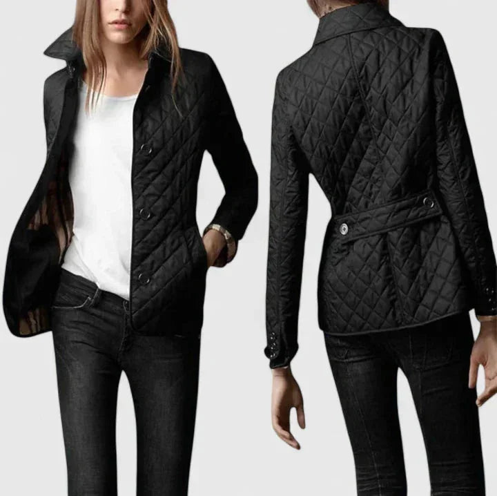 Women's button-front collared quilted jacket with plaid lining