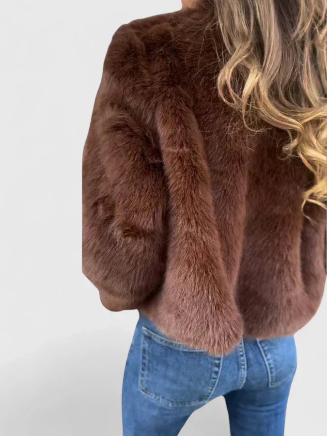 Women's faux fur zip-up stand collar jacket with long-pile texture