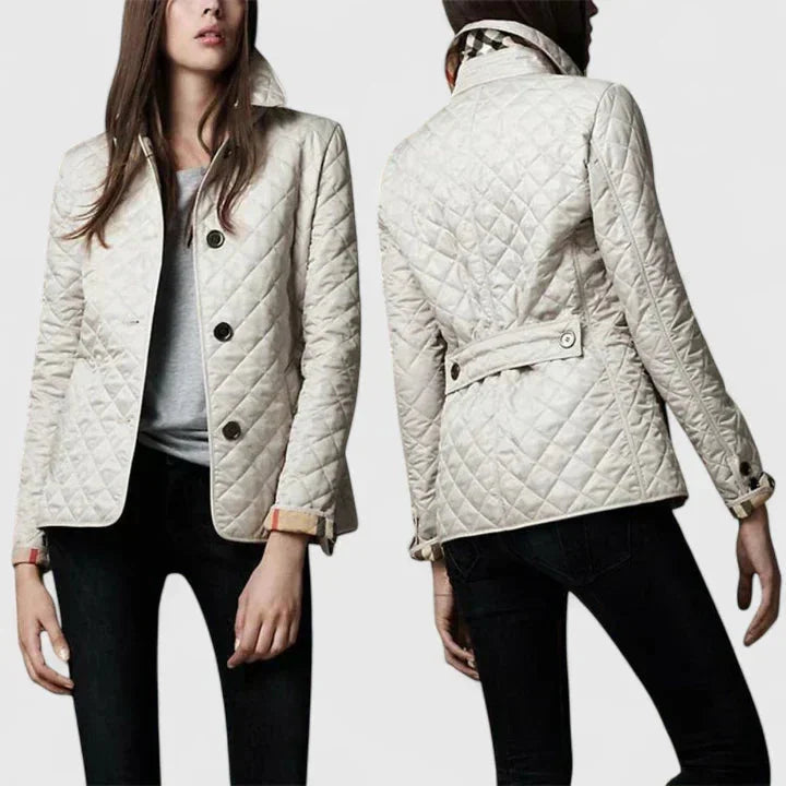Women's button-front collared quilted jacket with plaid lining