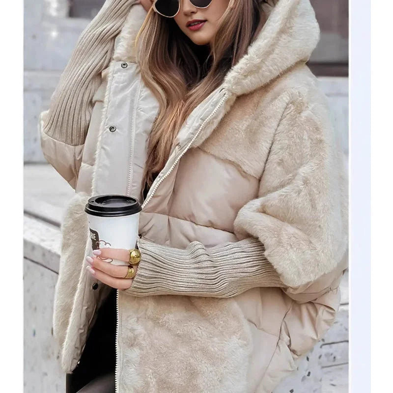 Women's quilted zip-up hood puffer jacket with faux fur panels – Beige