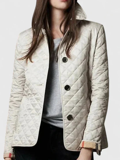 Women's button-front collared quilted jacket with plaid lining – Beige